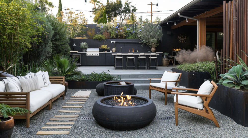 luxury outdoor patio with kitchen and fire pits