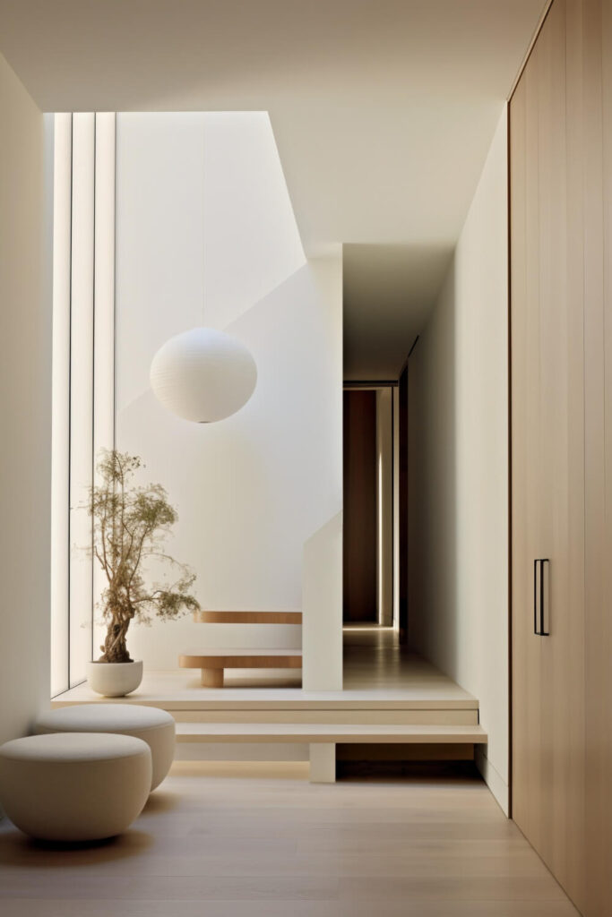 modern home entrance with chandeliers