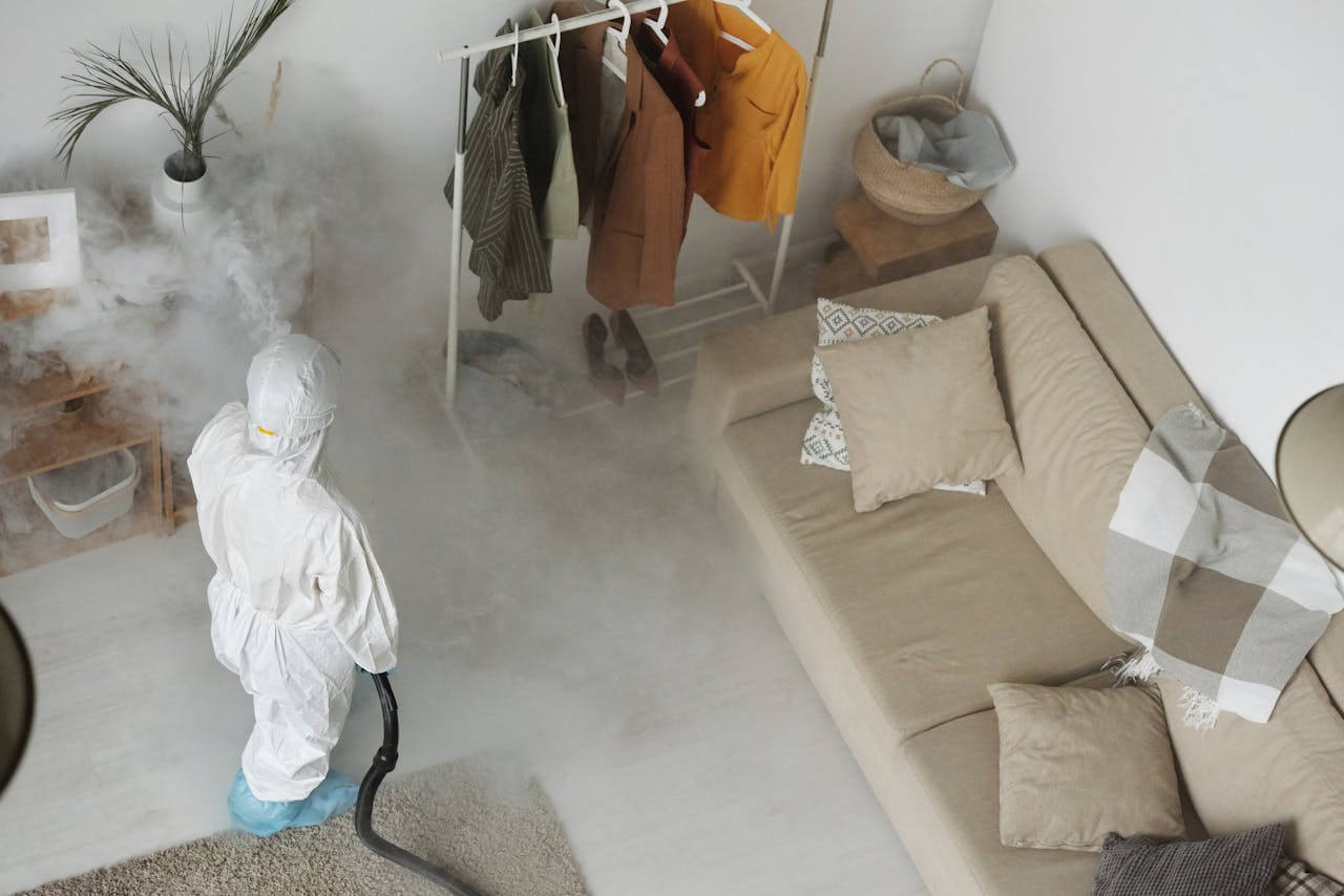 Person in protective gear using a fogging machine for pest control to disinfect a living room with a beige sofa, pillows, a blanket, and clothes hanging on a rack. White mist fills the air, creating a sterile atmosphere.