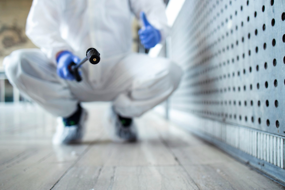 A person wearing a white protective suit and blue gloves squats near a wall, holding a spray nozzle pointed toward the floor, likely performing pest control or sanitation work indoors—perhaps ready to answer 10 questions about their safety process.