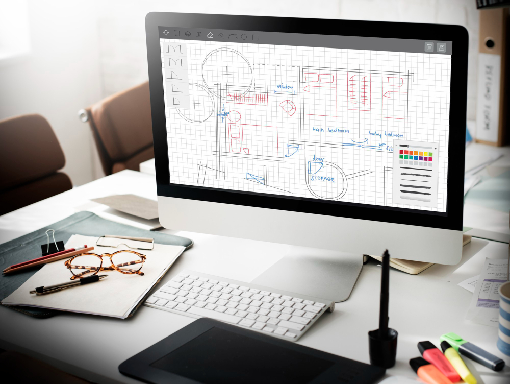 A computer monitor displays a digital floor plan on a desk with glasses, a notebook, pens, a tablet, and a cup. The workspace is well-lit, suggesting a design or architecture project in progress—possibly utilizing AI Room Design Tools to enhance creativity and efficiency.
