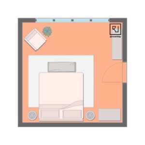 15'×15' square bedroom
