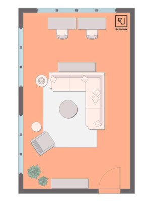 living room with desk and L shaped sofa