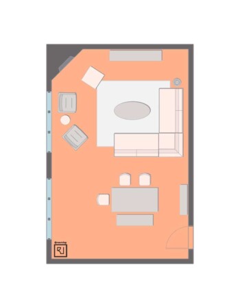 large living room with corner fireplace
